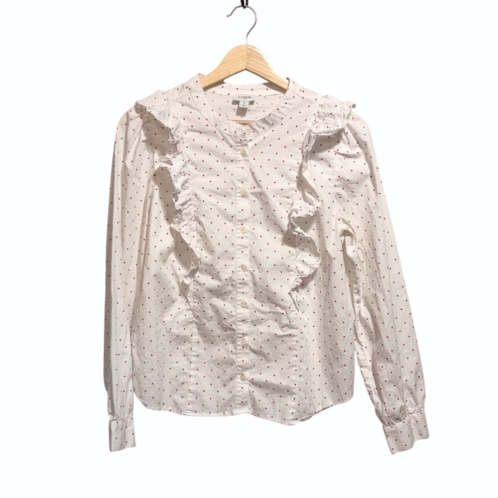 J Crew Ruffle Heart Print Button Down Shirt S White Preppy Coquette Soft Girl‎